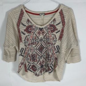 Eyeshadow Shirt Womens Large Open Knit Aztec Hi Low Cream Red Top Blouse